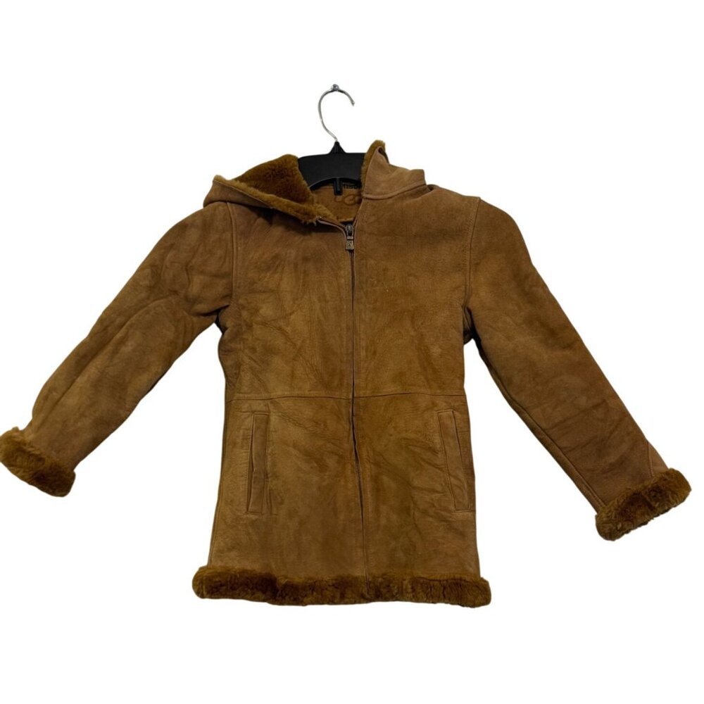 UGG Girls Brown Genuine Leather Hooded Coat With Faux Fur Trim Size 8
